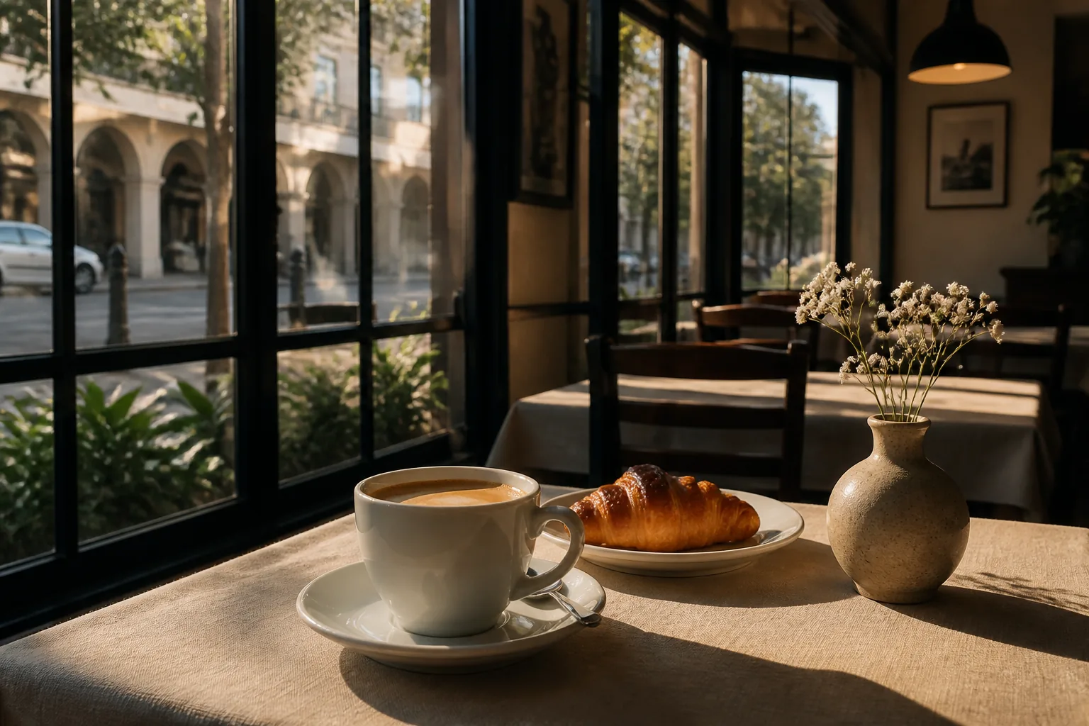 Morning table, cream linen and coffee