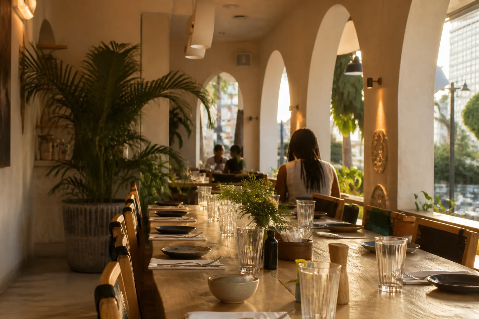 A long table in warm light